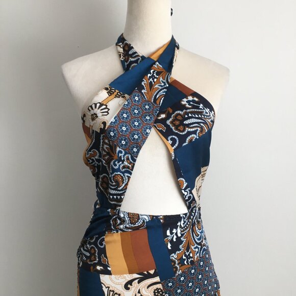 NWT POLLY PRINCESS Multicolor Patchwork Criss Cross Halter Neck JENNA Mini Dress - Picture 5 of 10